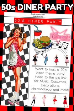 HOST A 50s DINER PARTY / CREATE A 50'S DINER THEMED CAKE + More! 50's Diner Blog!
Printable party decorations, Rockabilly Music Playlist, Food and Beverage ideas, Hair and Makeup tutorials, Costume ideas and more to host a 50s diner themed party! Diner Themed Birthday Party, 1950 Party Ideas, Diner Food 50's, American Diner Party, 50s Themed Party Ideas, Diner Theme Party, Sock Hop Party Ideas, Diner Fashion