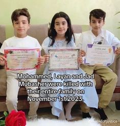 three children sitting on a couch holding up some papers with the caption, i'm hammed, layana and jad