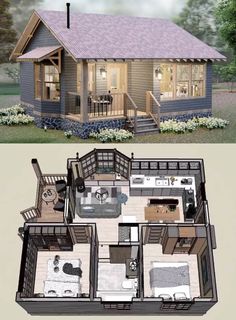 the floor plan for a small cabin with lofts and stairs to the upper level