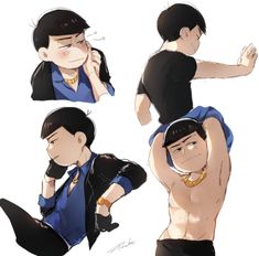 four different poses of a man in black and blue shirt with his hands on his face