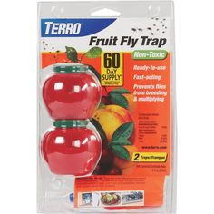 a package of fruit fly trap with two red apples on each side and one green apple in the middle