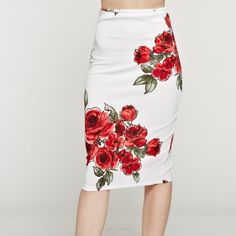 Floral, Midi, High Waisted Skirt In A Fitted Style With A Back Zipper Liverpool Poly 65% Rayon 30% Spdx 5% Made In Usa White Red Coldr Red Floral Print Pencil Skirt, Red Bottoms For Brunch, Chic Red Bottoms For Brunch, White Floral Print Knee-length Bottoms, Spring Red Skirt For Brunch, White Floral Print Pencil Skirt, Fashion Skirts, Fashion White, Fitted Style