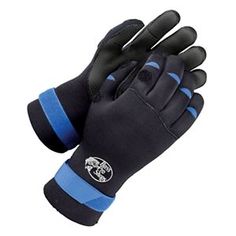 a pair of black and blue gloves with one hand on the glove, while the other is