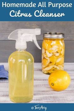 homemade all purpose citrus cleanser with lemons in the background and text overlay that reads homemade all purpose citrus cleaner