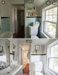 before and after photos of a bathroom remodel