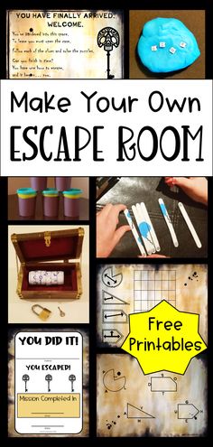 The pin shows four printable escape room puzzles, letters in play dough, popsicle stick clues and a locked box with a puzzle inside. How To Set Up An Escape Room, Mini Escape Room Diy, Escape Room Board Game, Classroom Escape Room Ideas, Escape Room Gift Card Ideas, Halloween Escape Room Middle School, Diy Escape Room Puzzle Ideas, How To Make An Escape Room Gift, Making Your Own Escape Room