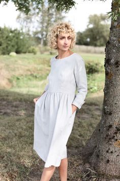 Flax Linen Long Sleeve Dress With Relaxed Fit, Long Sleeve Flax Linen Dress, Casual Long Sleeve Flax Dress, Long Sleeve Flax Linen Day Dress, Long Sleeve Flax Linen Dress For Daywear, Long Sleeve Flax Dresses For Summer, Long Sleeve Linen Dress In Flax Color, Flax Linen Long Sleeve Dress, Long Sleeve Linen Dress In Natural Color