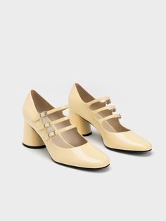 Yellow Buckled Cylindrical Heel Mary Janes - CHARLES & KEITH US Yellow Mary Janes, Mary Jane Outfit, Mary Janes Outfit, Charles And Keith Shoes, Heel Mary Janes, Pastel Shoes, Patent Shoes, Fancy Shoes, Faux Leather Heels