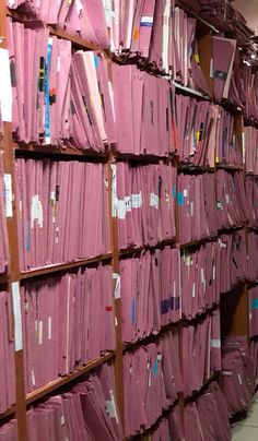 a large book shelf filled with lots of pink folders