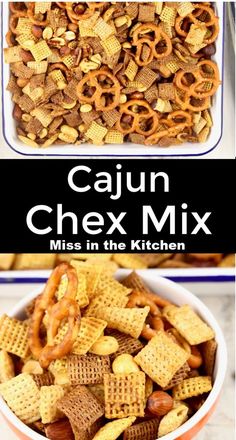 two bowls filled with chex mix and the words cajun chex mix above them