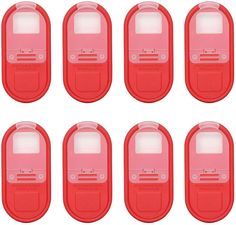 six red plastic doors with white windows on each side and one door open to the other