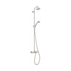 the shower head and handset are shown in stainless steel, with an overhead sprayer