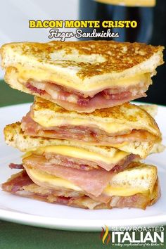 bacon and cheese grilled sandwiches stacked on top of each other with the words bacon monte cristoo