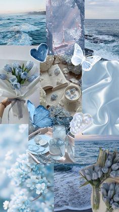 a collage of blue and white images with flowers in vases next to the ocean