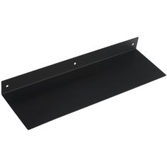 a black metal shelf with two holes