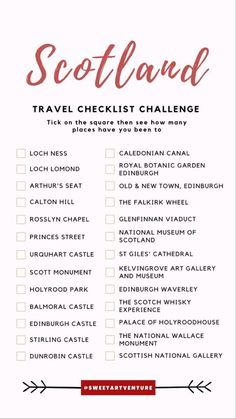 the scotland travel checklist is shown in red and white