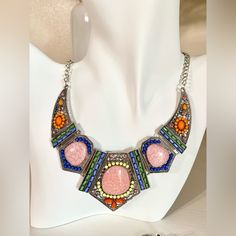 Gorgeous Necklace/Earrings Set With Colored Stones, Pink Stone Has Shimmer In It. Beautiful Boho Earrings. Light Weight And Stunning, Perfect For Any Outfit. Bohemian, 60s, 70s, 80s, Costume Jewelry, Indie, Hippie, Birds, Flower Power, Floral, Dainty, Delicate, Pretty, Spring, Summer, Fall, Dangle, Intricate, Vintage, Antique, Filigree. Jewelry: 3 For $35 Free Shipping - Just Bundle & I'll Offer Ship Same/Next Day, Professional Seller. Multicolor Jeweled Sterling Silver Jewelry, Multicolor Jewels Sterling Silver Jewelry, Multicolor Nickel-free Costume Jewelry, Multicolor Sterling Silver Necklace For Party, Multicolor Metal Necklace Nickel-free, Nickel-free Multicolor Metal Necklaces, Nickel-free Multicolor Metal Necklace, Nickel-free Multicolor Round Jewelry, Pink Nickel-free Bohemian Jewelry