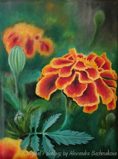 a painting of orange flowers with green leaves