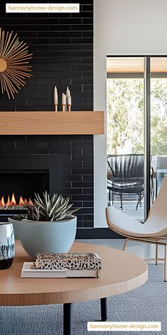 a living room filled with furniture and a fire place in the middle of a room