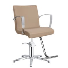 a tan chair with chrome legs and an armrest that is on top of a metal base