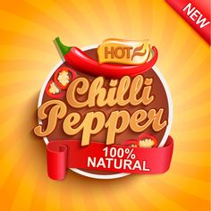 hot chili pepper label with red ribbon on an orange background, suitable for packaging or advertising