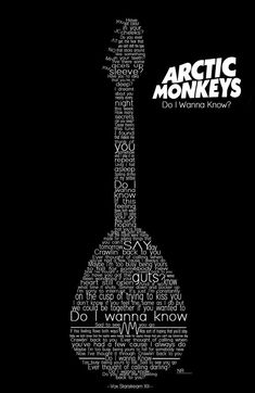 a black and white poster with the words arctic monkeys on it's guitar neck