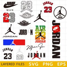 various basketball logos and numbers are shown in this graphic file, including the number 23, jordan