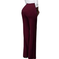 Burgundy Button Detail Casual Flare Pants Stretch Straight Pants With Button Closure, Stretch Pants With Button Closure For Business Casual, Stretch Straight Dress Pants With Button Closure, Stretch Straight Pants With Buttons, Formal Bottoms With Buttons, Formal Long Pants With Buttons, Straight Office Pants With Buttons, Office Straight Pants With Buttons, Non-stretch Full-length Pants With Buttons