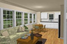 a living room filled with furniture and lots of windows next to a wooden floored kitchen