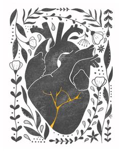 a black and white drawing of a human heart surrounded by flowers, leaves and branches