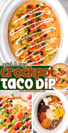 the crock pot taco dip recipe is shown in four different pictures, including one with