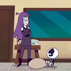 a cartoon character standing in front of a tv next to a small dog on the floor