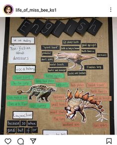 a bulletin board with different types of dinosaurs and words written in black on the wall