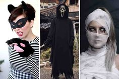 four different pictures with people dressed up in halloween costumes and one wearing a cat mask