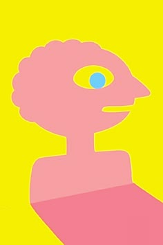 an abstract image of a pink man's head with blue eyes on a yellow background