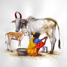 a painting of a woman milking a cow and another cow standing next to her