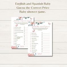 the english and spanish baby guess game is shown on a white wooden background with pink flowers