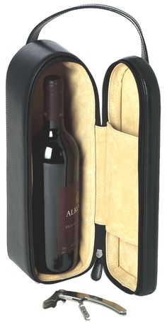 a bottle of wine in a leather case