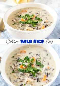 two bowls filled with chicken wild rice soup