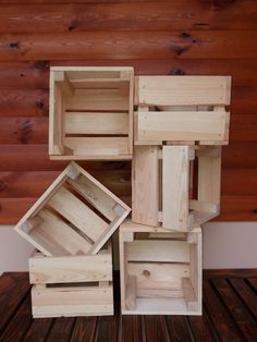 several wooden crates stacked on top of each other