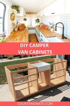 two pictures with the words diy camper van cabinets in red and white text