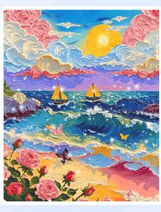 a painting of sailboats in the ocean with pink roses and blue sky behind them