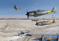 an image of airplanes flying in the sky over snow covered ground and dirt area with windmills on each side