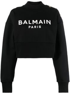 black cotton jersey fleece logo print to the front crew neck long sleeves fitted-cuff sleeves cropped Conscious: This item is made from at least 50% organic materials This item is in size L and the color is Black Balmain Sweater, Organic Logo, Bold Logo, Balmain Paris, Jersey Sweatshirt, Organic Materials, Cropped Sweatshirt, Leather Cap, Crop Sweatshirt