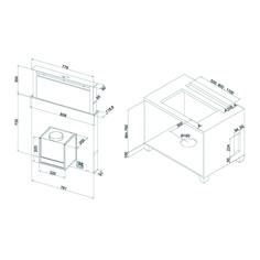 an outline drawing of a desk with drawers and a shelf on the bottom, along with measurements for each drawer