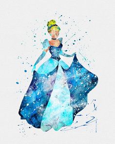 a watercolor painting of a princess in blue dress