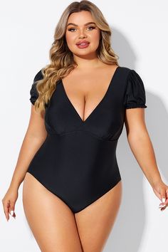 Black Wireless Puff Sleeves V-Neck One Piece Swimsuit Solid V-neck Bodysuit For Pool, Dryers, Rib Cage, Puff Sleeves, New Day, One Piece Swimsuit, The Black, Bathing Suits, Puff Sleeve