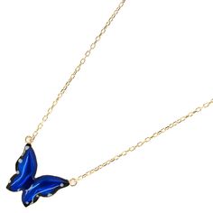 The Gold Spiritual Blue Enamel Butterfly Necklace, a captivating piece of jewelry that combines the beauty of sterling silver with the spiritual significance of a blue enamel butterfly pendant. Crafted with meticulous attention to detail, this unique necklace is designed to inspire a sense of spirituality, transformation, and inner growth. The butterfly, a symbol of transformation and rebirth, embodies the journey of the soul and serves as a reminder to embrace spiritual growth and embrace one's Blue Butterfly Fine Jewelry, Glossy Enamel Jewelry Gift, Blue Jewelry With Black Enamel For Formal Occasions, Elegant Blue Butterfly Jewelry, Blue Pendant Jewelry With Delicate Chain, Elegant Blue Necklace With Butterfly Charm, Blue Enamel Jewelry With Adjustable Chain, Blue Sterling Silver Necklace With Delicate Chain, Silver Jewelry With Glossy Finish For Gift