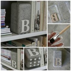 various photos of letters and numbers made out of cement blocks, including one with a pencil