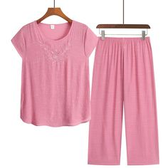 Season:Summer,Spring; Fabric:Modal; Sleeve Length:Long Pant,Short Sleeve; Gender:Women's; Quantity:2 Pieces; Nightwear Style:Sets,Loungewear; Style:Fashion,Comfort,Casual; Elasticity:Micro-elastic; Occasion:Going out,Daily,Street,Date; Age Group:Adults; Function:Breathable; Pattern:Pure Color; Neckline:V Wire; Special Size:Plus Size; Bottom Type:Pant; Listing Date:04/18/2023; Length:; Length [Bottom]:; Shoulder Width:; Bust:; Sleeve Length: Culottes Pattern, Loungewear Style, Vacation Clothes, Comfort Fashion, Plus Size Pajamas, Spring Fabric, Color Fashion, Loungewear Sets, Spring Home